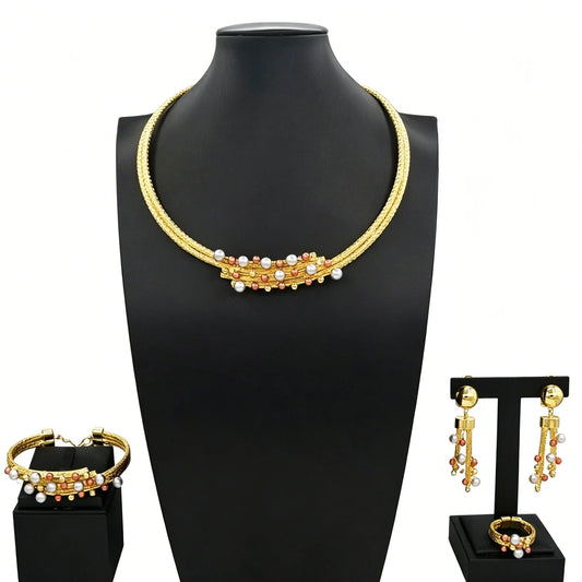 Zhuerrui African Italian Gold Plated Jewelry Set Bold Ribbed Twisted Geometric Choker for Women Wedding Banquet HS26006