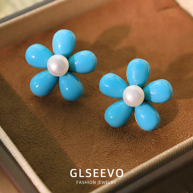 Natural Freshwater Pearl Earrings Blue Turquoise Flower-Shaped Earrings Beach Holiday Birthday Gift  for Women Jewellery GE1749