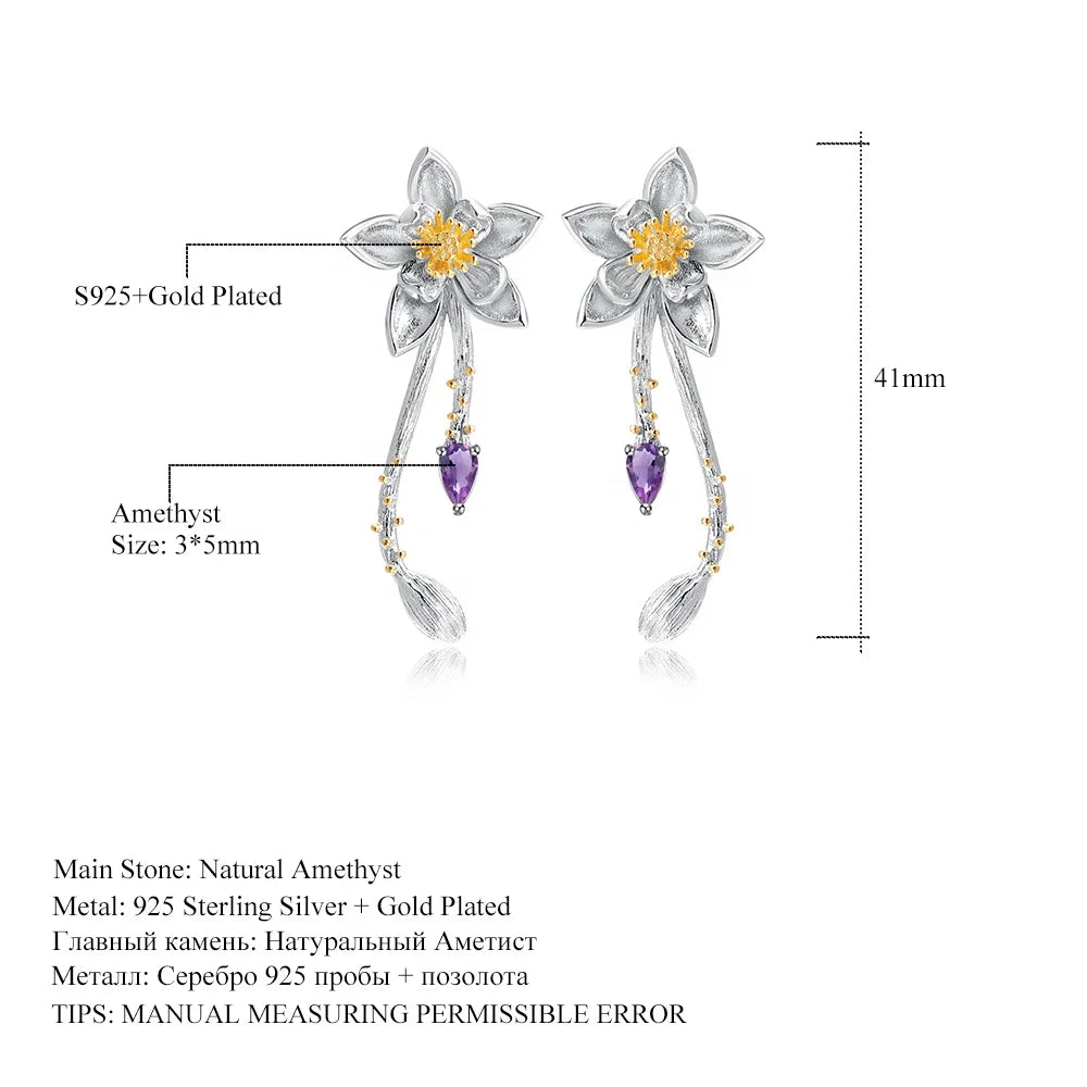 ArtistA Handmade 925 Silver Gold Plated Natural Amethyst Gemstone Matching Lotus-Flower Open Adjustable Ring & Long Dangle Earrings Set