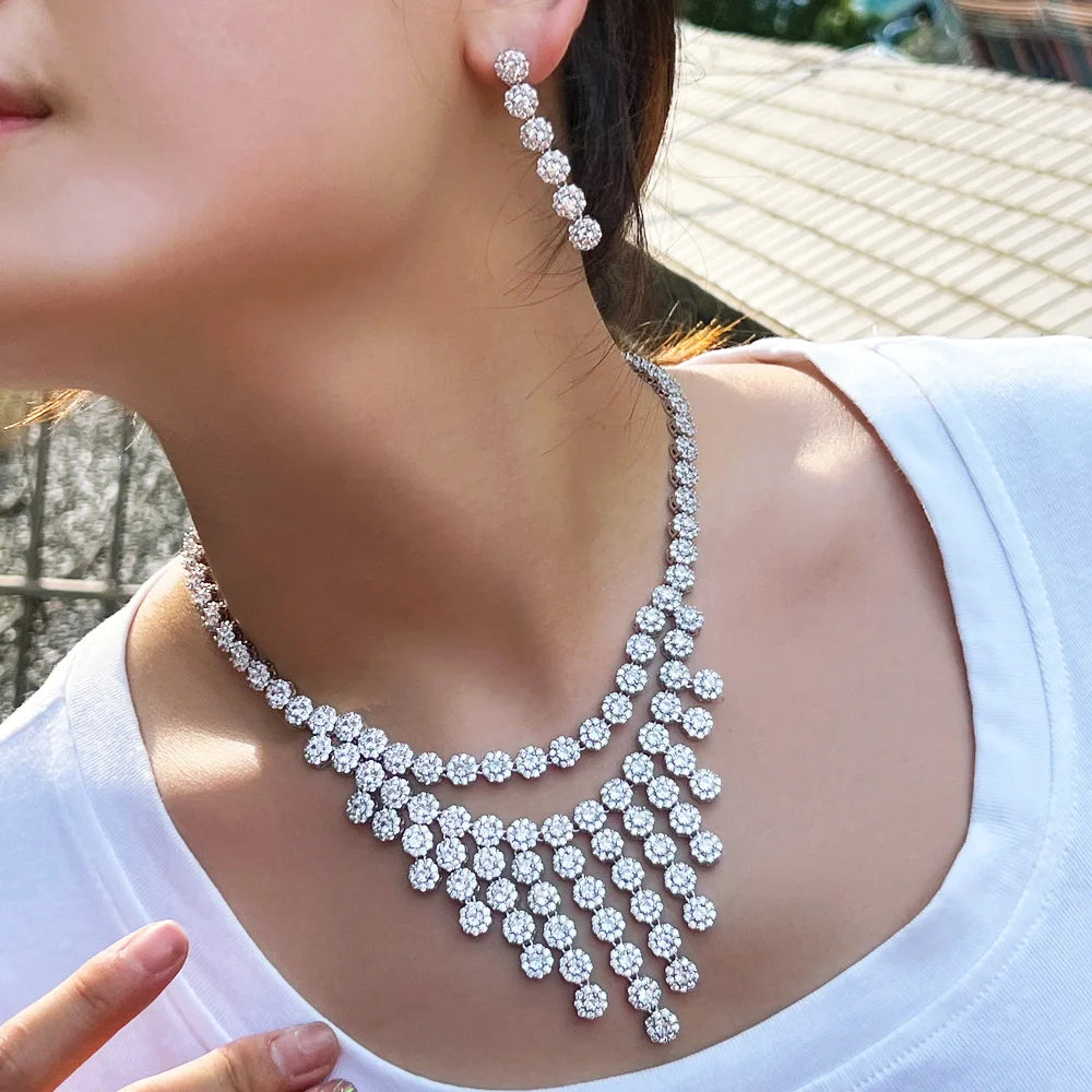Shiny Round Micro Paved Cubic Zircon CZ Bridal Tennis Necklace and Earring Wedding Luxury Big Jewelry Set for Women Accessories