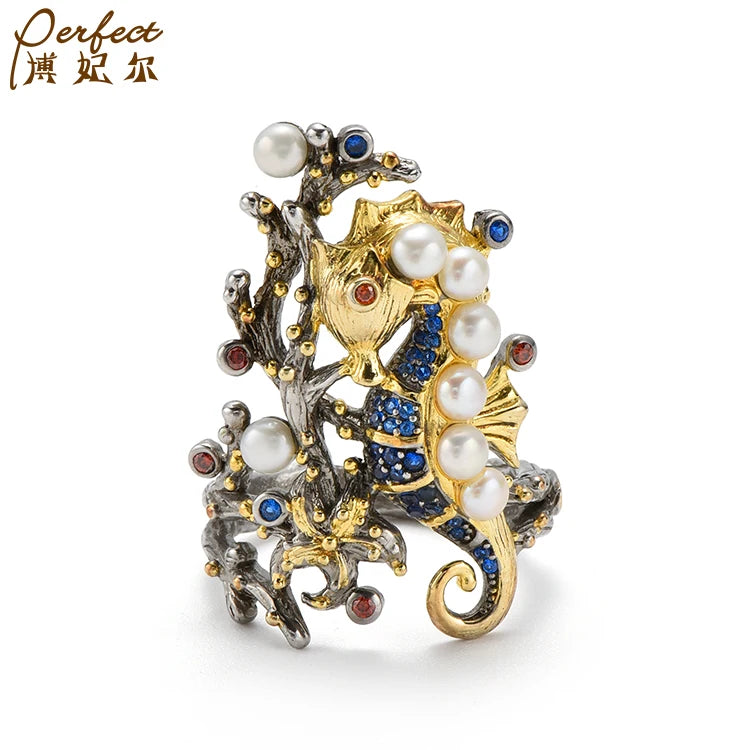 Fashionable Original Design Elegant Sea Horse Design Fashion Button Pearl Silver Wedding Ring