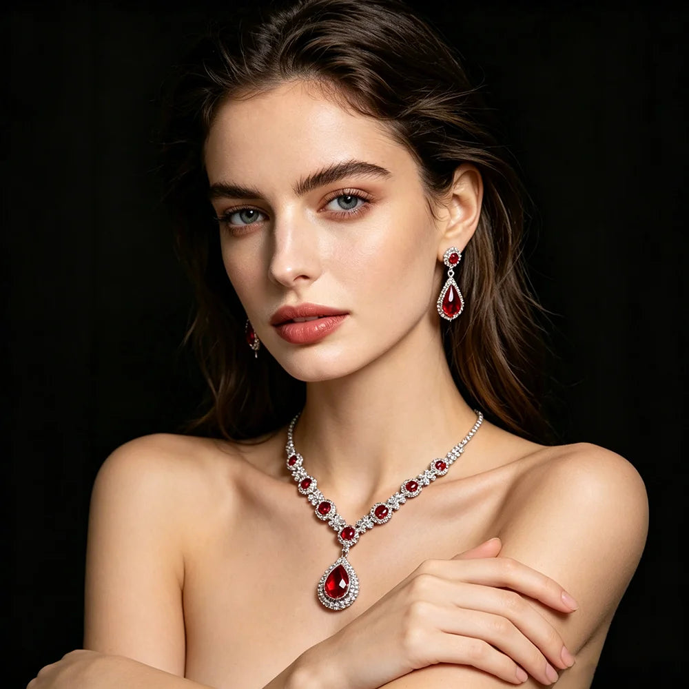 XM S376 Silver Plated Princess Cut Zircon Floral Teardrop Pendant Necklace & Drop Earrings Set