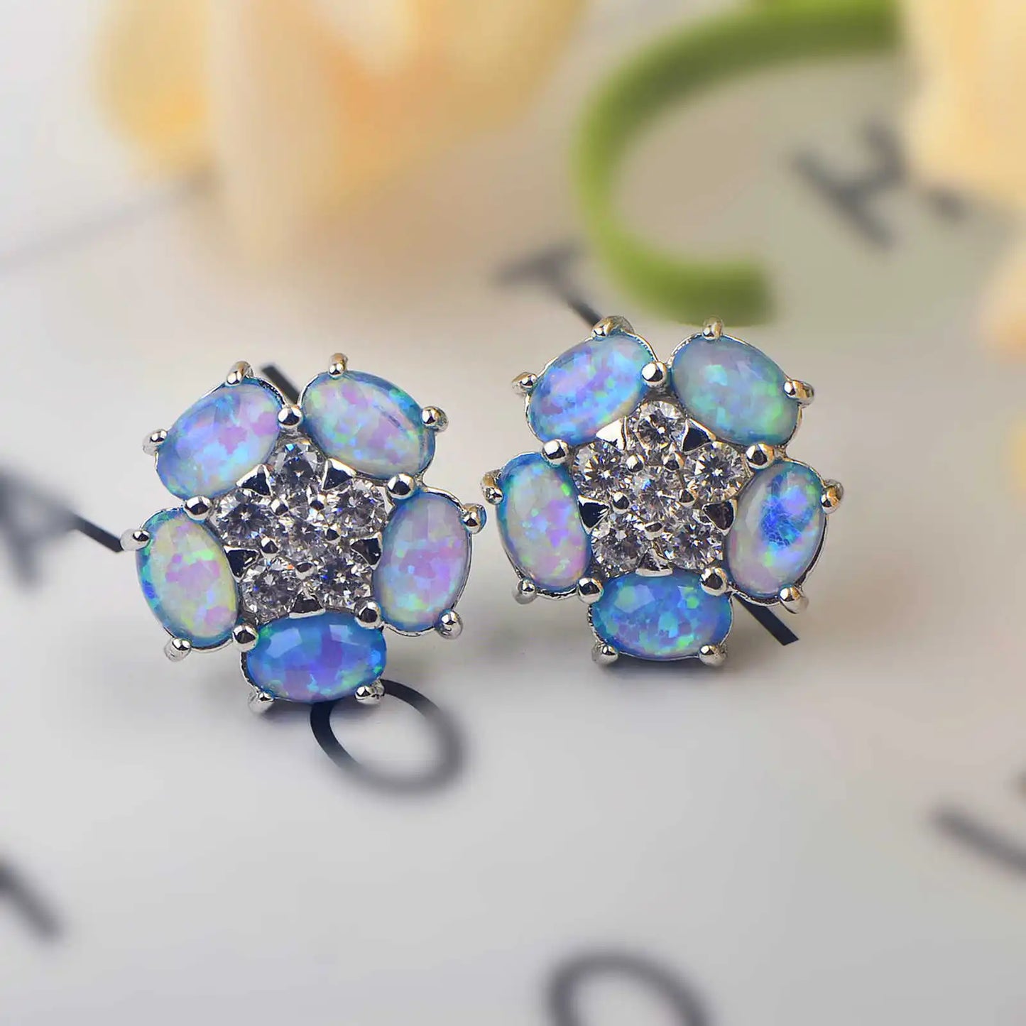 TikTok  Bestselling Five-Flower Blue Opal Studs  Cute Floral Earrings for Girls Trendy Gem Jewelry Wholesale