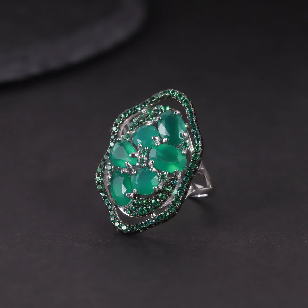 S&S Green Agate & Emerald Nano Fine Jewellery Set | 925 Silver Rhodium Plated | Oval Cut | S&S Collection