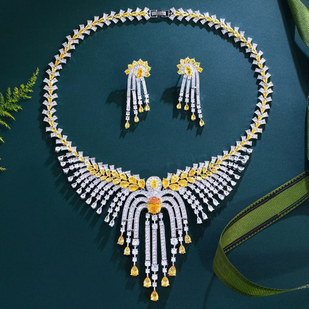 Luxury 5A Pear-Cut Yellow Zirconia Bohemian Necklace & Earrings Bridal Set — Rhodium Plated