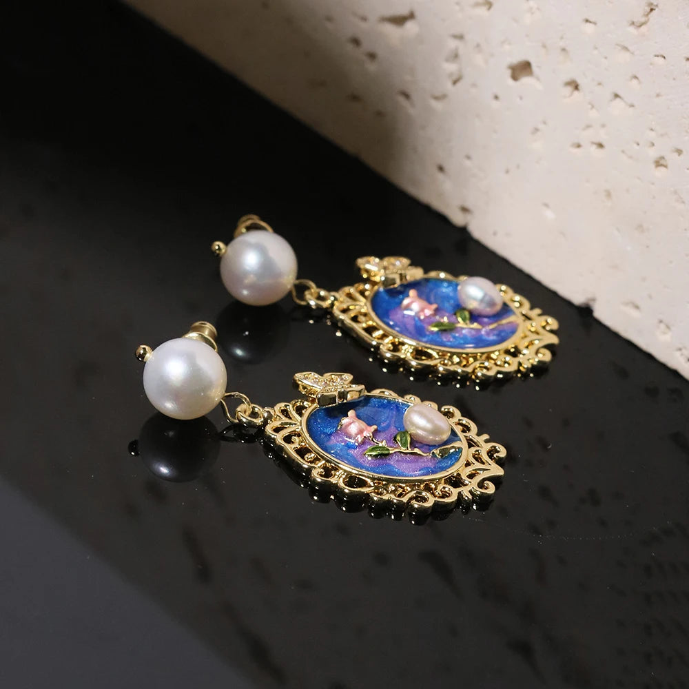 Natural Freshwater Pearl Oil Painting Butterfly Earrings Korean Style Women Luxury Jewelry Fashion Ladies and Girls Gift GE1569