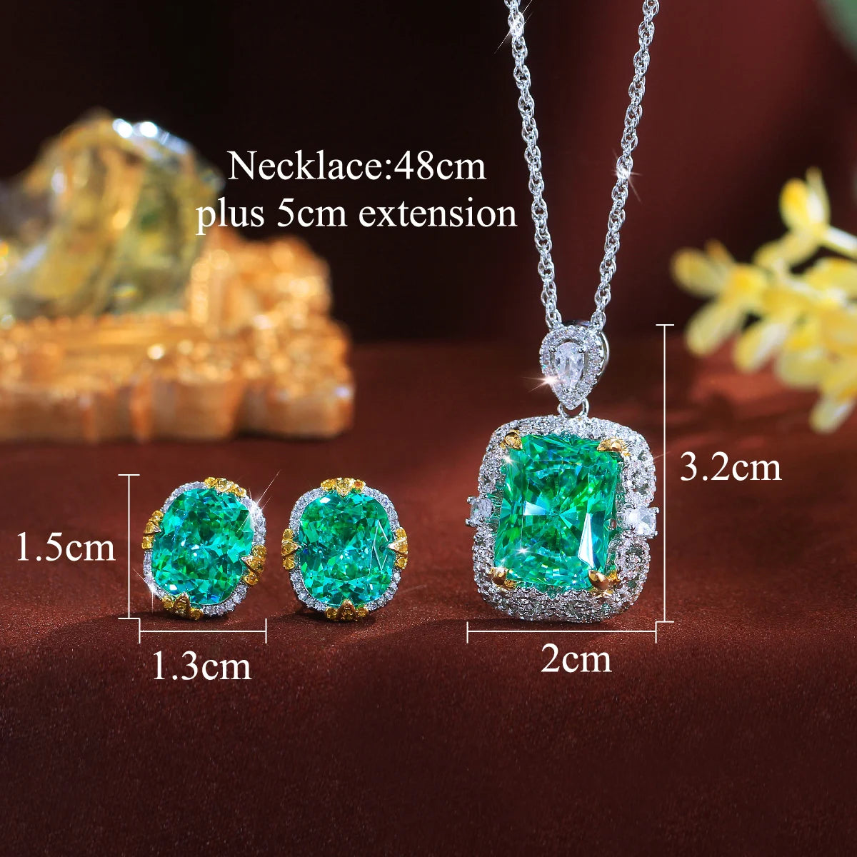 Big Green CZ Rhodium Plated Jewelry Set Princess Cut Cubic Zircon Pendant Necklace Stud Earrings Jewelry Set for Brides Wedding