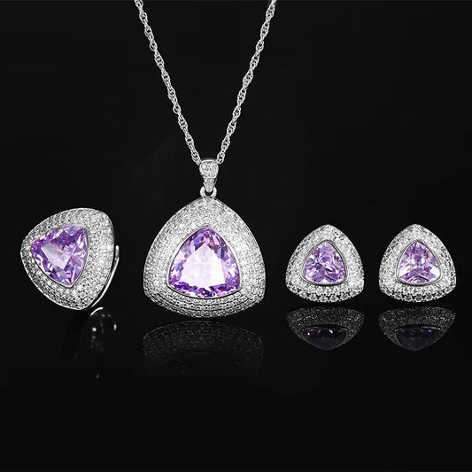 Gemfiori Jewelry Set for Women Fashion Purple Zircon Brass Gold-plated Inlaid Shiny Zircon Set Ring Necklace Earrings