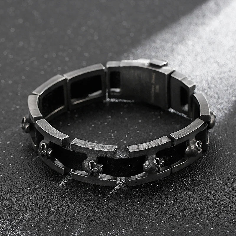 REBEL Punk Fine Jewelry Fashion Bracelets Stainless Steel Leather Skull Charm Links Bracelet