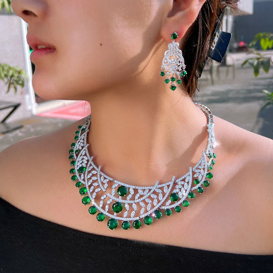 Luxury Necklace and Earrings White and Emerald Green Cubic Zirconia Super Big Jewelry Set for Women Banquet Engagement Jewelry