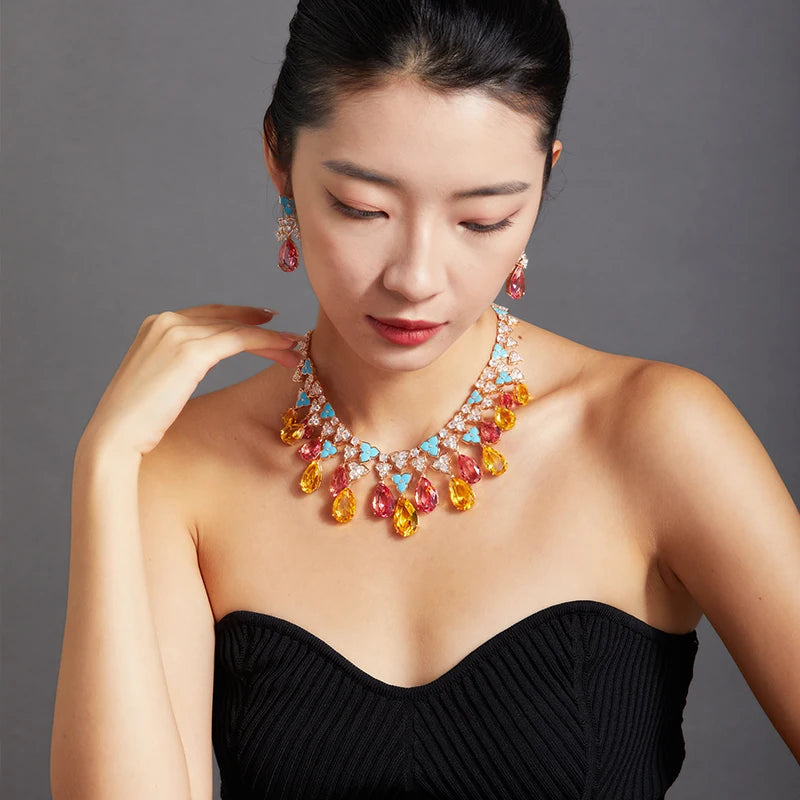 Customized Gold Plated Inlaid Zircon Green Floral Evening Dress for High-end Dubai Jewelry Necklace Earrings Set for Women