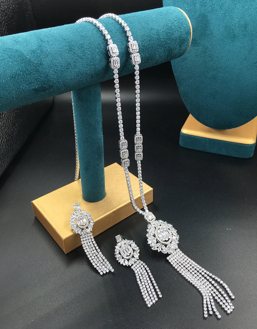 UAE 2PCS Luxury Long Tassel Jewelry Set for Women Wedding Cubic Zircon CZ African Dubai Bridal Jewelry