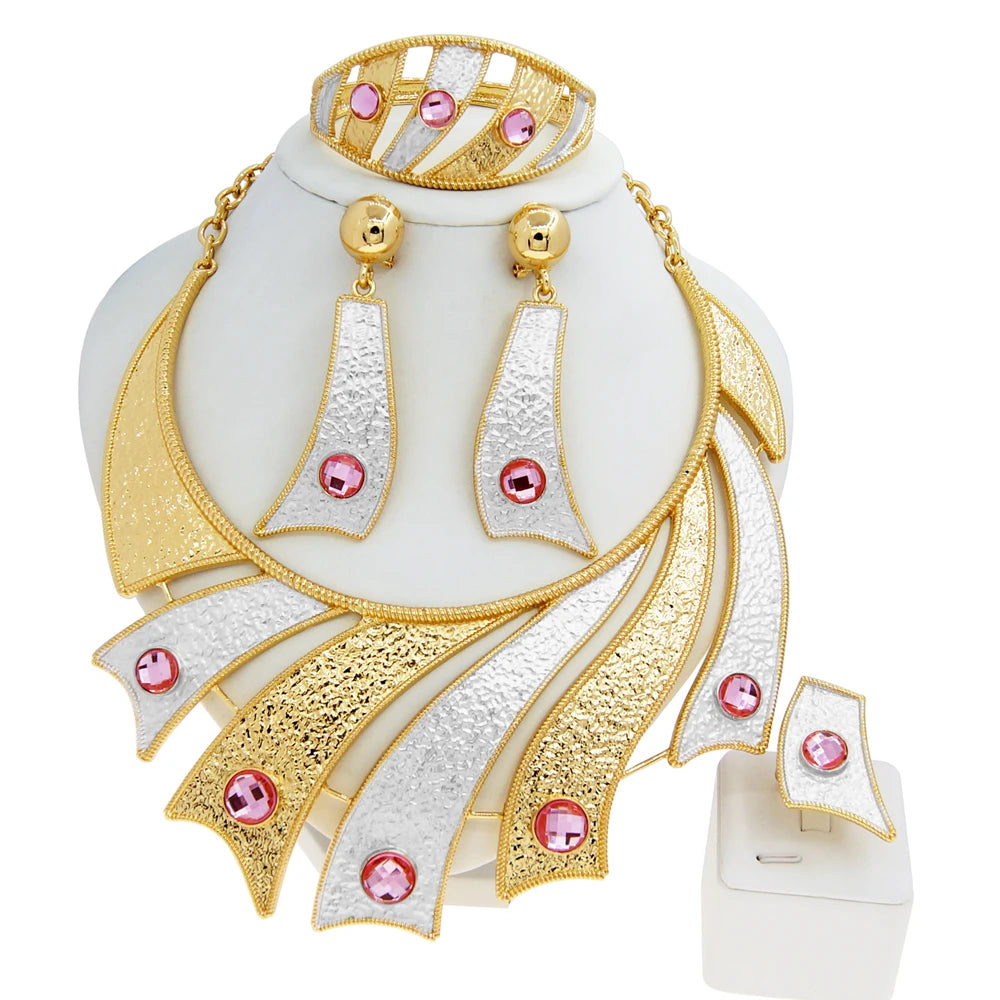 Zhuerru Italian Gold Plated Jewelry Set Pink Bead Necklace Bracelet Earrings Jewels Sets High Quality Fashion Woman Gift H00553
