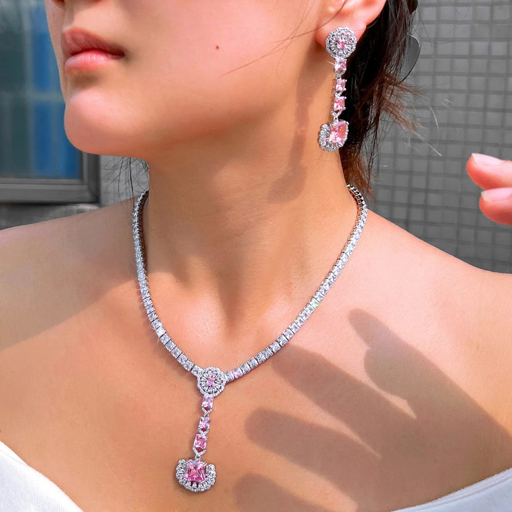 Glamorous Cubic Zirconia Necklace and Earrings Shimmering Pink White Jewelry Set for Women Wedding Anniversary Banquet Jewellery