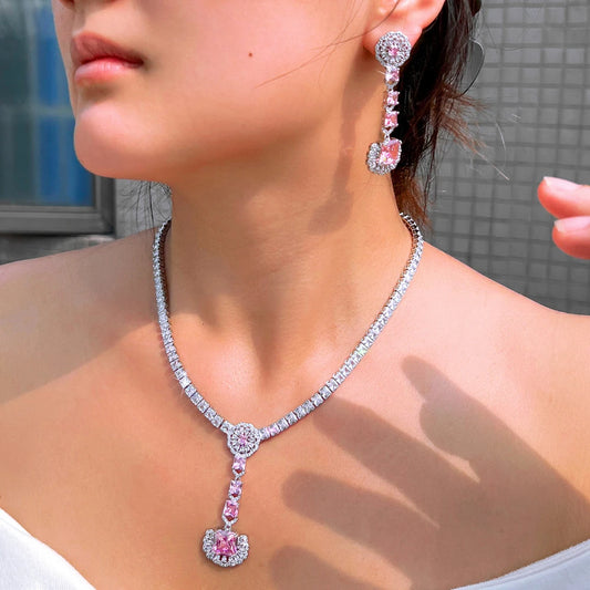 Glamorous Cubic Zirconia Necklace and Earrings Shimmering Pink White Jewelry Set for Women Wedding Anniversary Banquet Jewellery