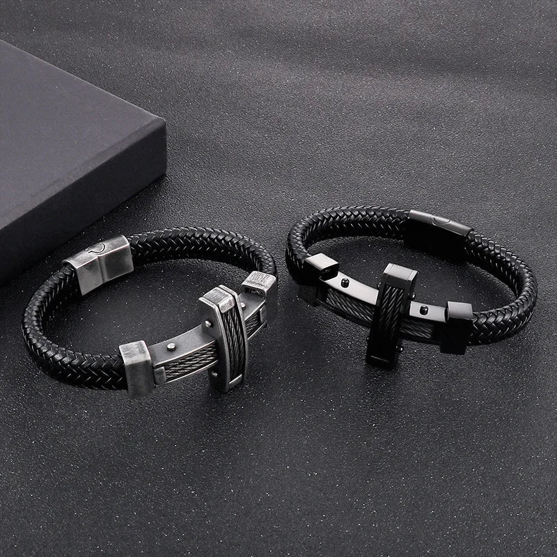 KALEN 215mm Trendy Silver/Gold/Black/Grey Cowhide Leather Bracelet With Stainless Steel Cross