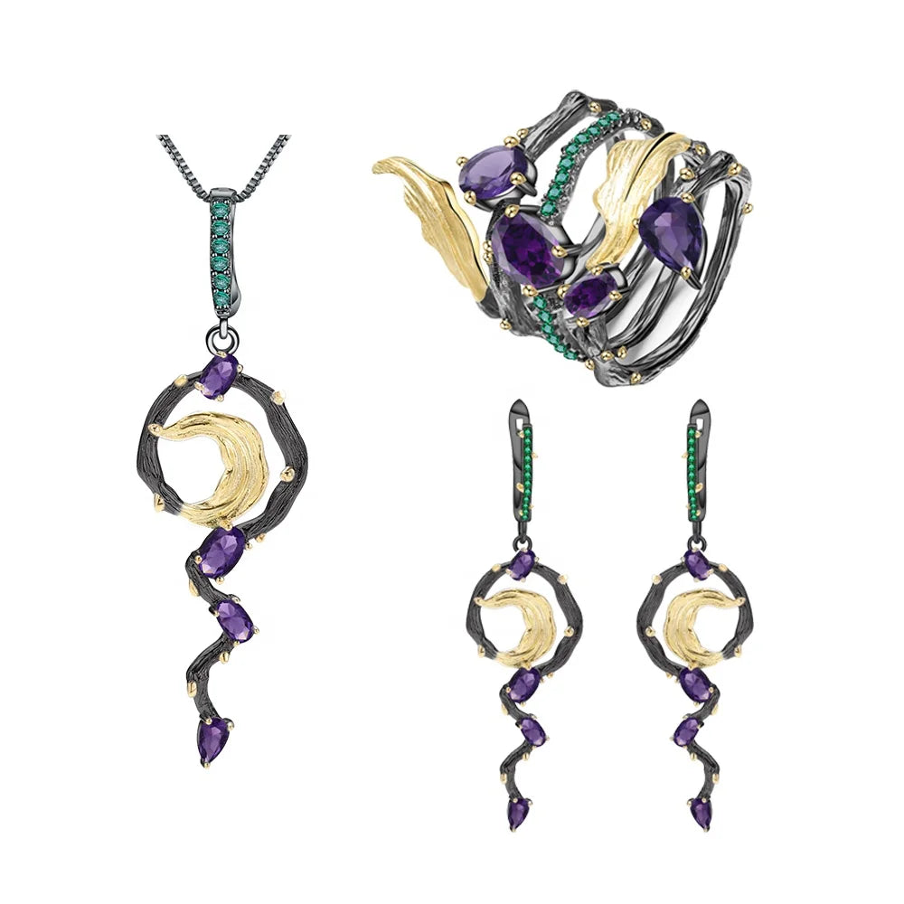 ArtistA C4524 Abiding OEM OEM Factory Natural Amethyst 925 Silver 3 Pieces Fine Jewelry Sets for Ladies