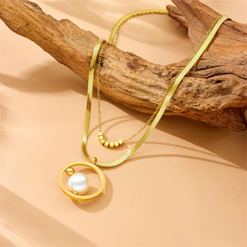 Gold Pearl Necklace, Earrings & Ring Jewellery Set | Geometric Luxury Fashion Set