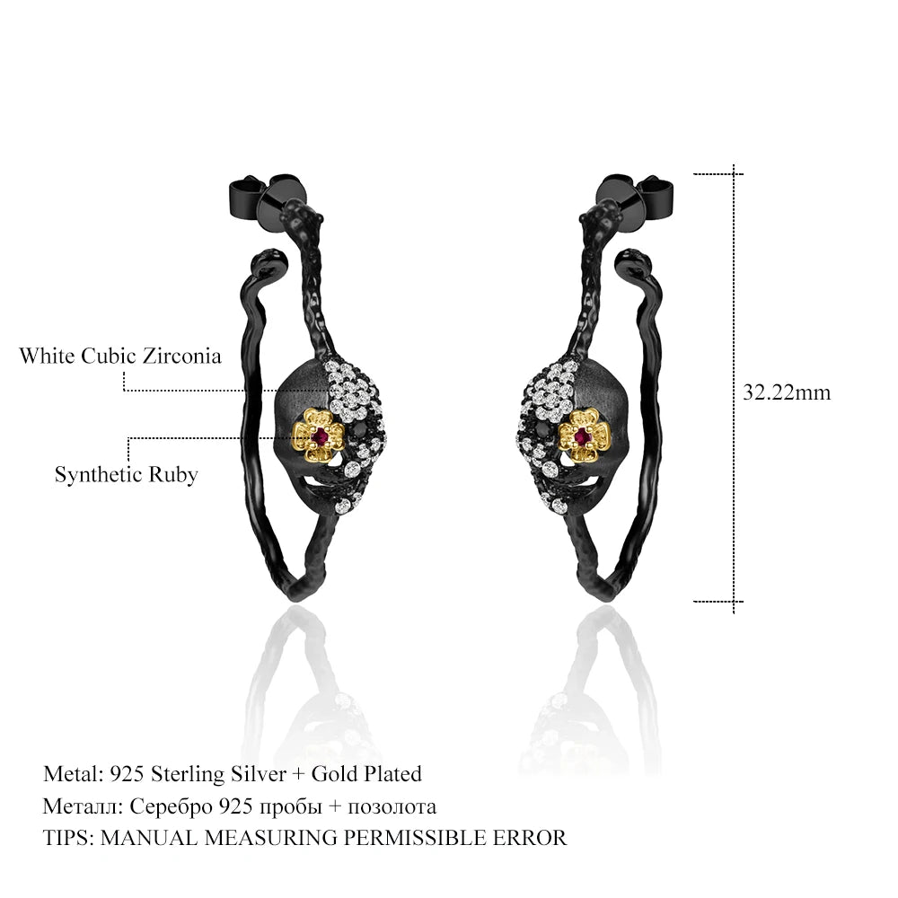 ArtistA Abiding Original Halloween Theme 925 Sterling Silver Synthetic Ruby Gemstone Black Skull Hoop Earrings for Halloween Gift