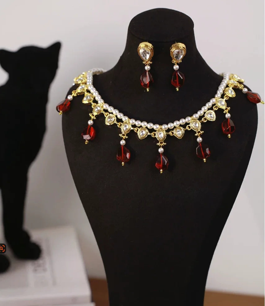 XM S140 Vintage Red Teardrop Gemstone Pearl Jewelry Set for Wedding Party and Formal Occasions