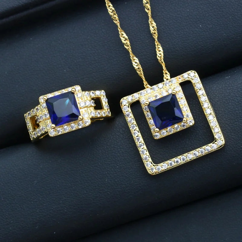 XOTICA Vintage Blue Zirconia Gold Plated Jewelry Set Women's Wedding Earrings Pendant Ring Necklace for Parties