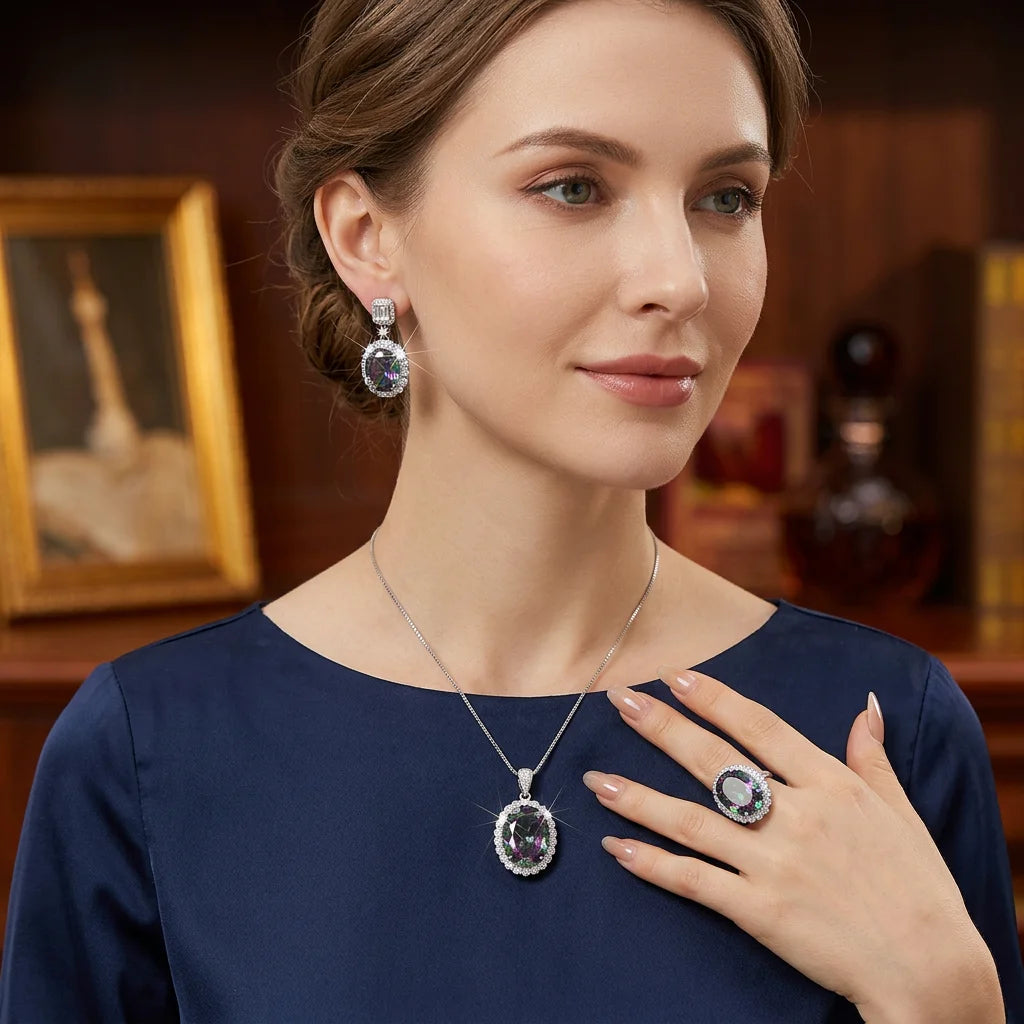 S&S Oval Cut CZ Vintage Jewellery Set – Pendant, Ring & Earrings – Gold Plated – Collection