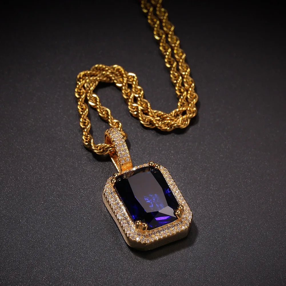 BiG-BOSS Hip Hop Mocha Fluorescent Square Solid Gemstone Pendant Necklace Trendy Cold for Men Women Perfect Neutral Sweater Chain Gift