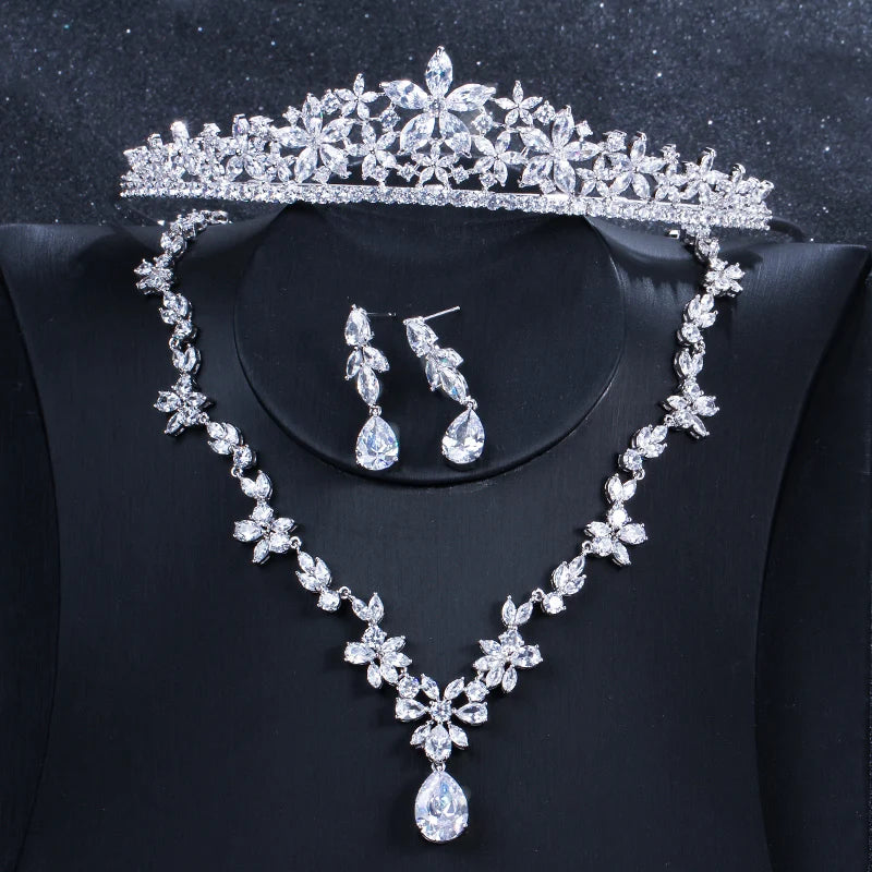 High Quality Cubic Zirconia Women Accessories Wedding Bridal Dress Luxury Necklace Earrings and Hair Crown Tiara Jewelry Set