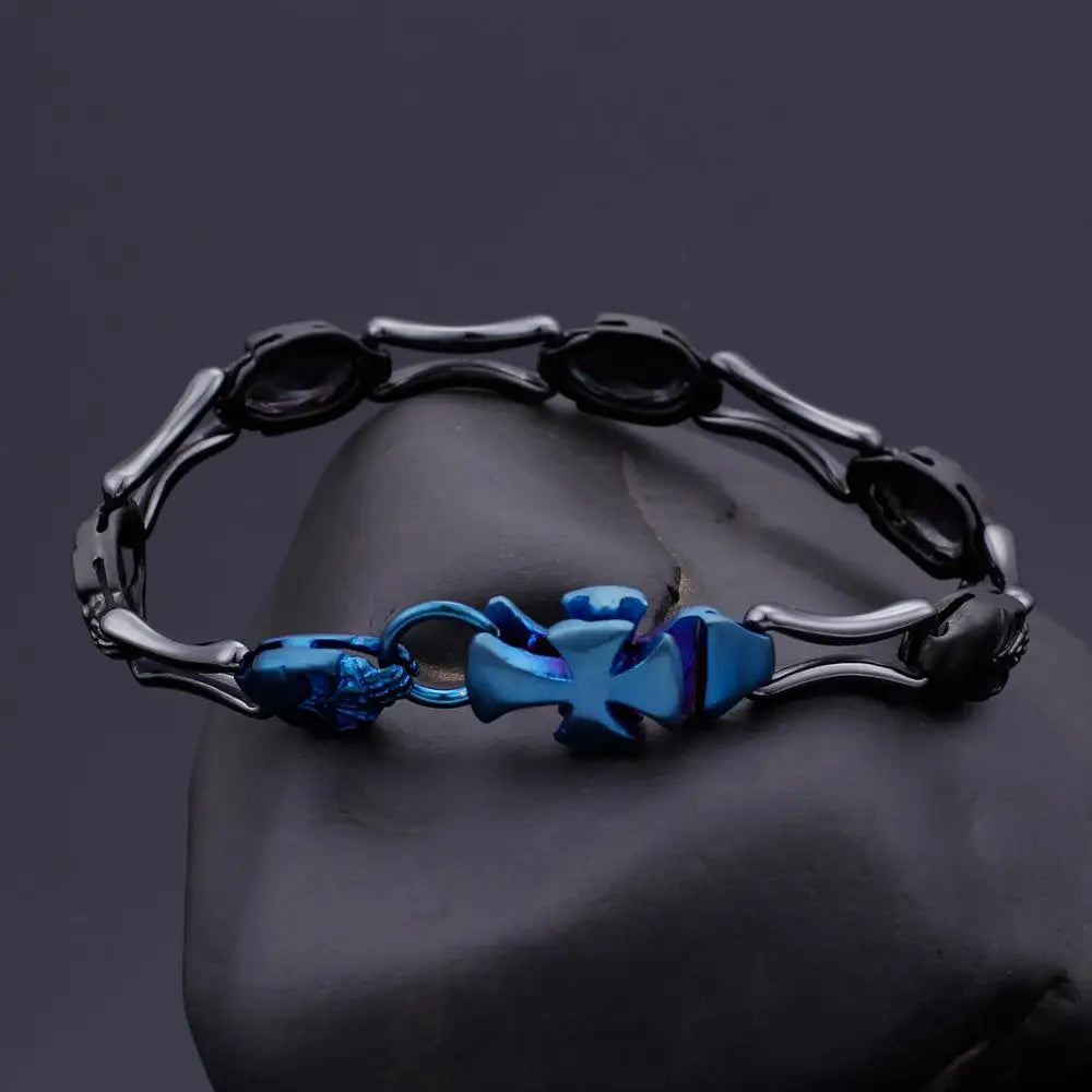 VIKING Mens Punk Skeleton Charm Bracelet – Blue & Black Stainless Steel