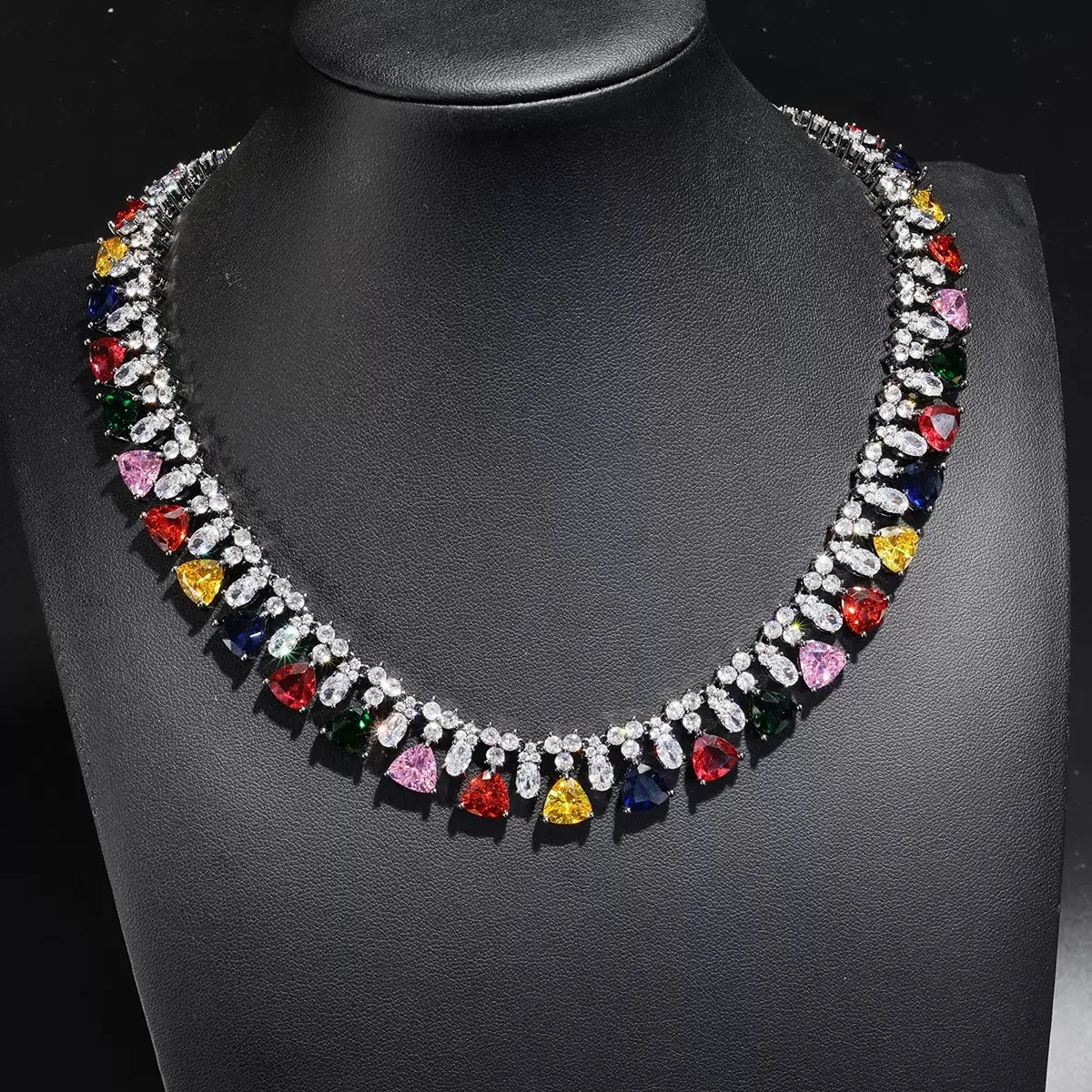 Bella Viva Luxury Multicolor Triangle 3A Cubic Zirconia Earrings & Necklace Set for Women Rainbow Color Party Jewelry