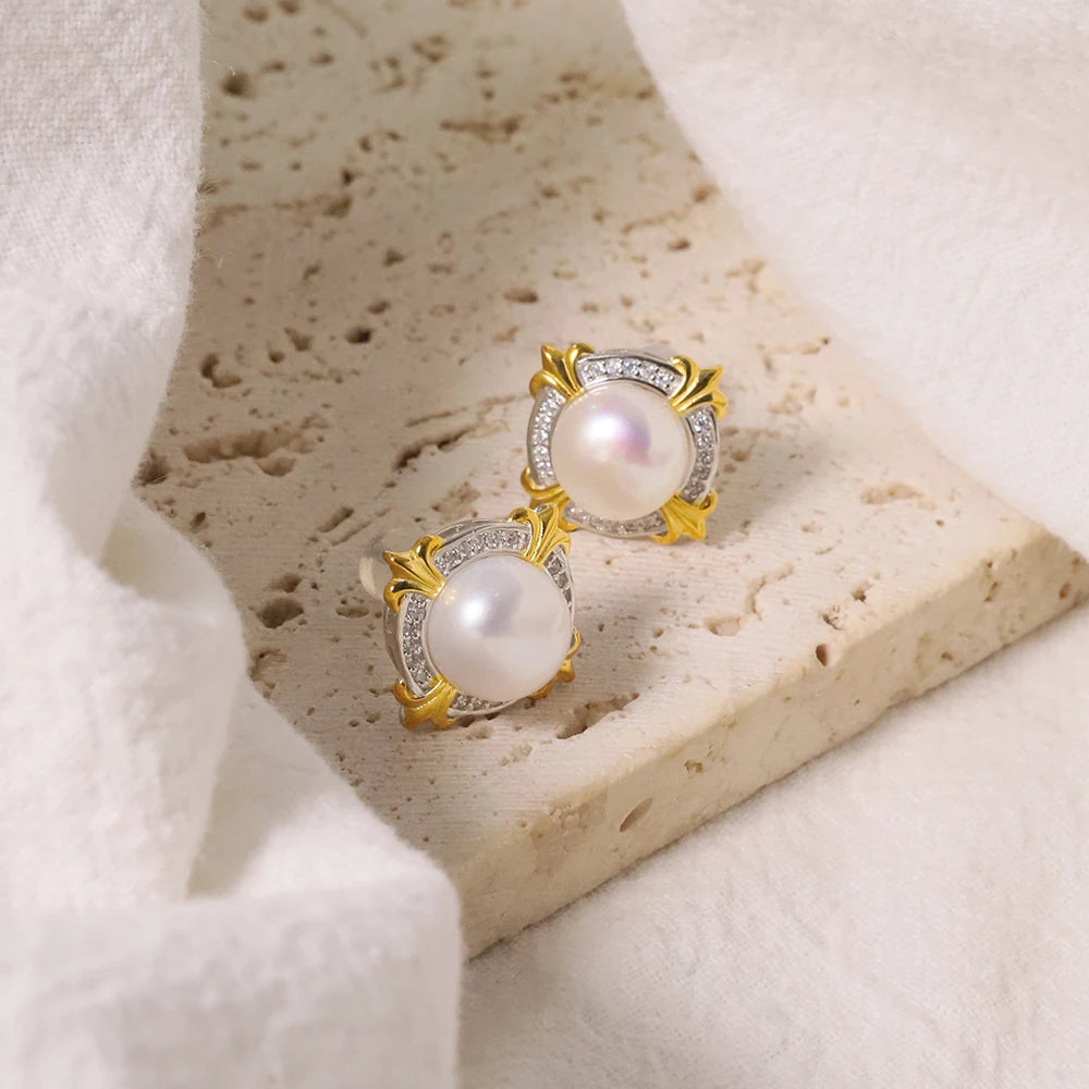 Natural Freshwater Pearl Round Flower Shaped 925 Silver Earrings for Women Korean Classic Vintage Fashion Jewelry Earrings