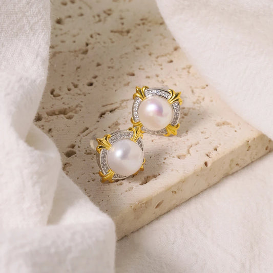 Natural Freshwater Pearl Round Flower Shaped 925 Silver Earrings for Women Korean Classic Vintage Fashion Jewelry Earrings