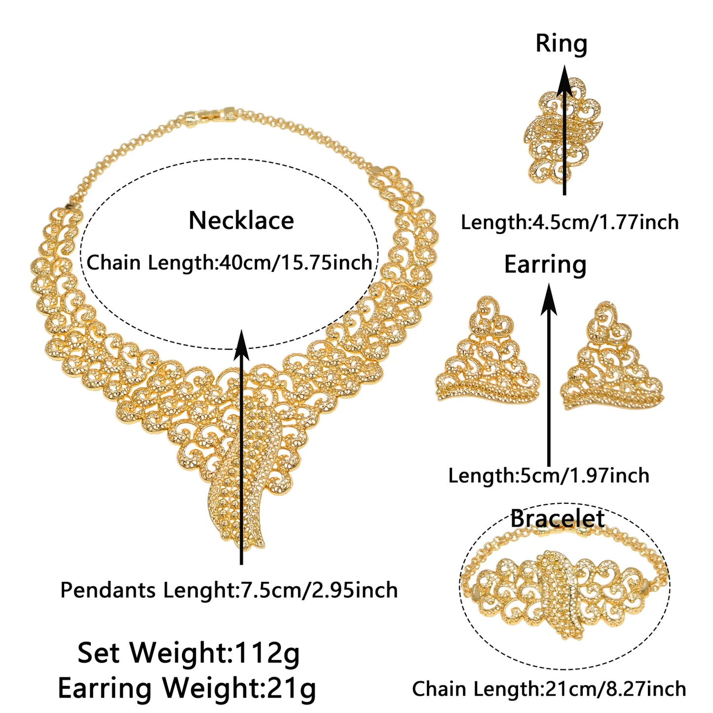 Zhuerrui Luxury Brazilian Jewelry Set Gold Plated Hollow Pattern Noble and Elegant Dubai Proposal Four-piece Wedding Ring Set
