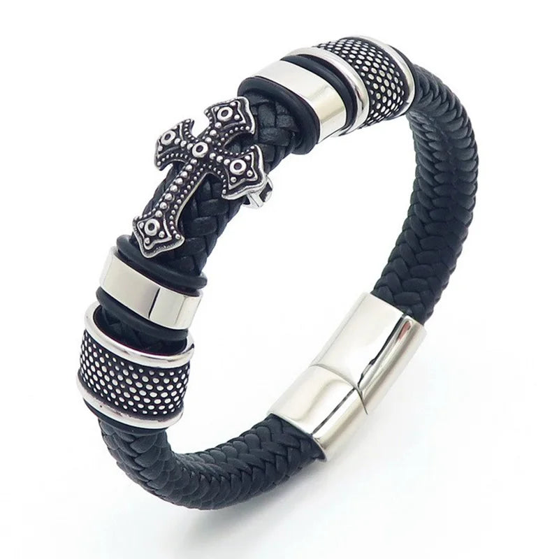KALEN 210mm Men Vintage Multiple Style Stainless Steel&Cowhide Leather Bracelets