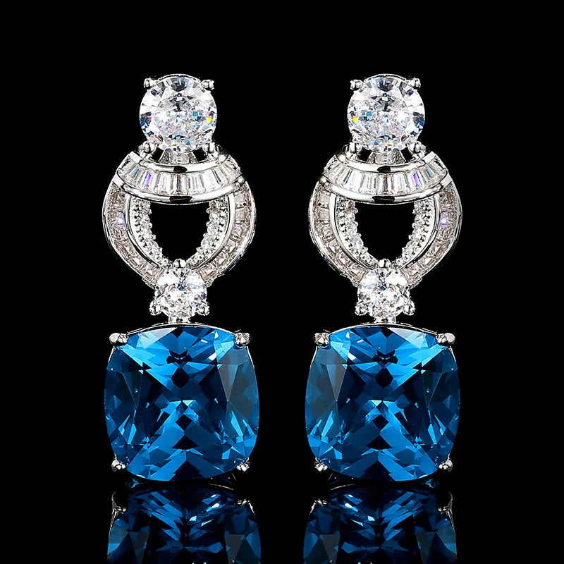 Fashion Elegant Eco-friendly Copper 12*12mm Blue Zircon Brass Pendant Earrings Set Jewellery Sets for Women High Quality