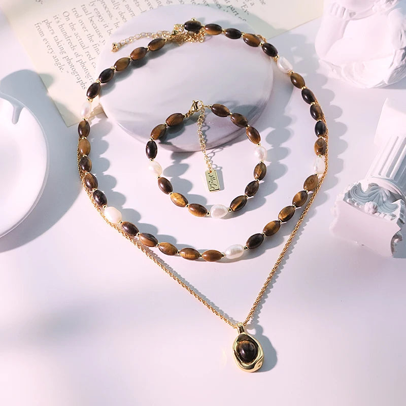 Natural Pearl Oval Tiger Eye Stone Pendant Necklace Bracelet New Design Creative Set Banquet Gift Women's Jewelry GS0220