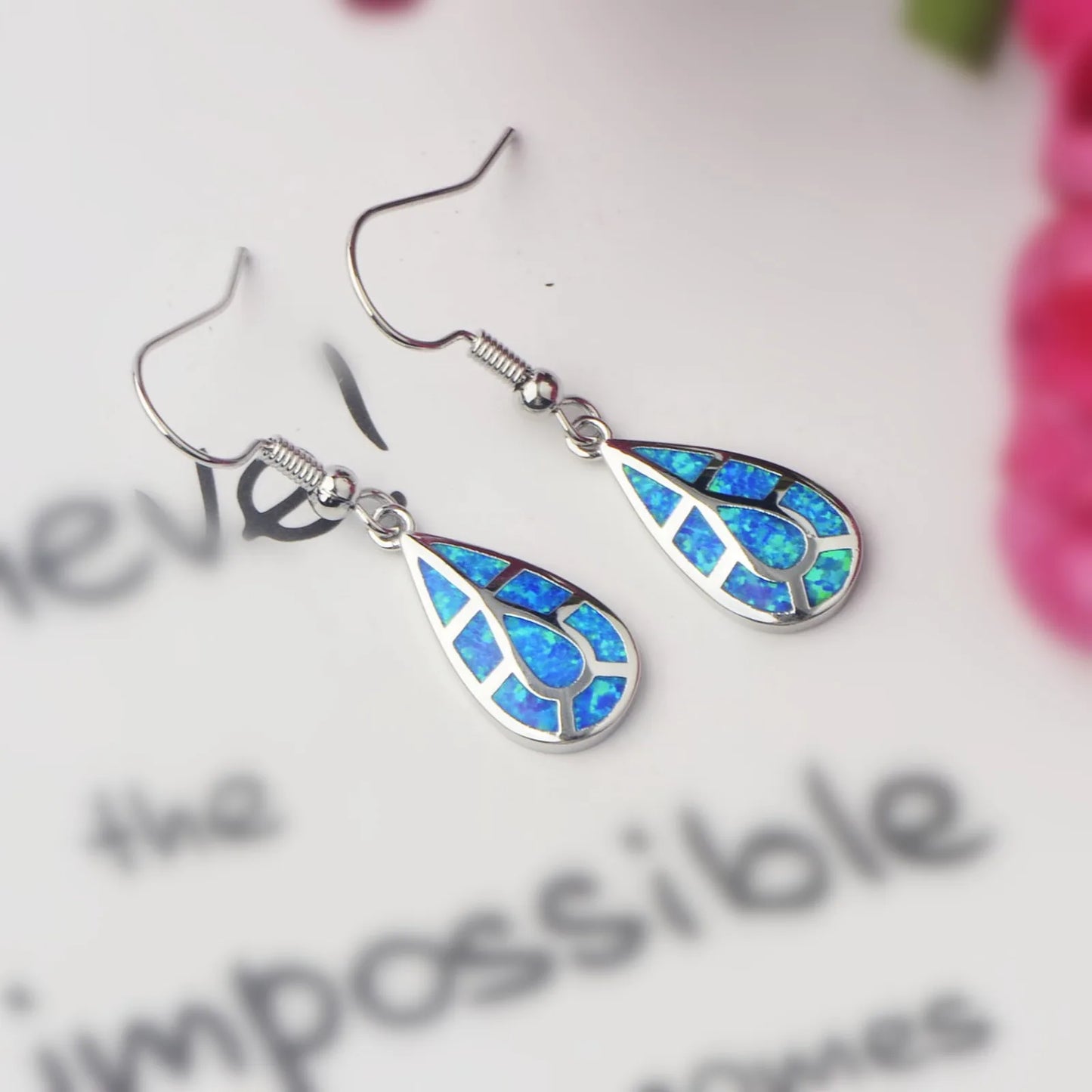 Elegant European American Brass Silver Plated Opal Pendant Earrings Teardrop Design Bohemia Style Women's Fashion Wholesale