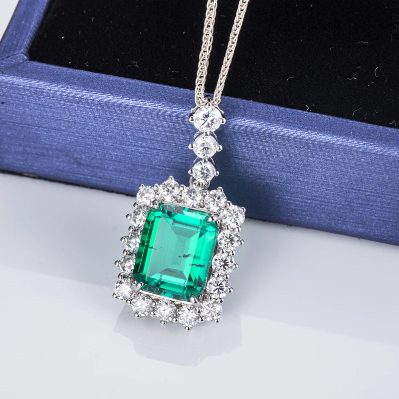 Messi Jewelry MSN-528 18k White Gold Emerald Cut Lab Grown Emerald Pendant Necklace