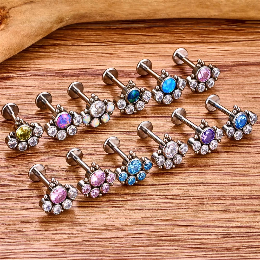 G23 ASTM F136 Titanium Ring CZ Colorful Zircon Lip Ear Claw Spiral Ear Studs Opal Nose Studs Earrings Body Piercing Jewelry