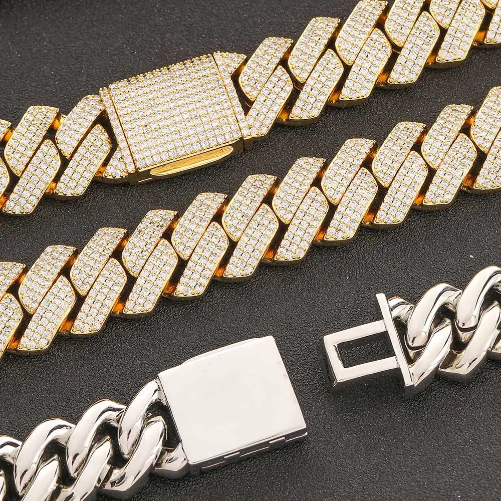 BiG-BOSS Men Hip Hop Jewelry 20mm 3 Rows Gold Chunky Necklace Iced Out Cz Prong Cuban Link Chain Necklace Diamond Cuban Chain
