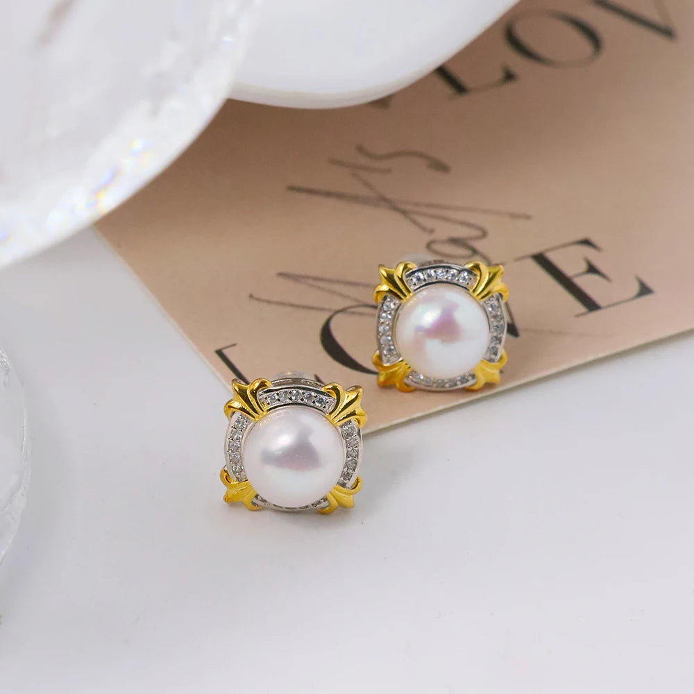 Natural Freshwater Pearl Round Flower Shaped 925 Silver Earrings for Women Korean Classic Vintage Fashion Jewelry Earrings