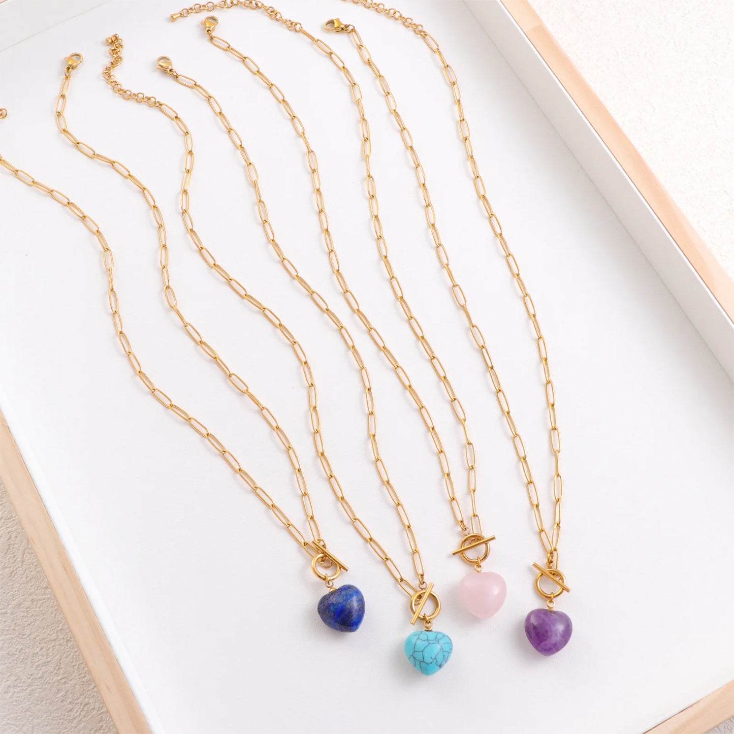 Natural Stone Stainless Steel Heart Pendant Necklace Necklace