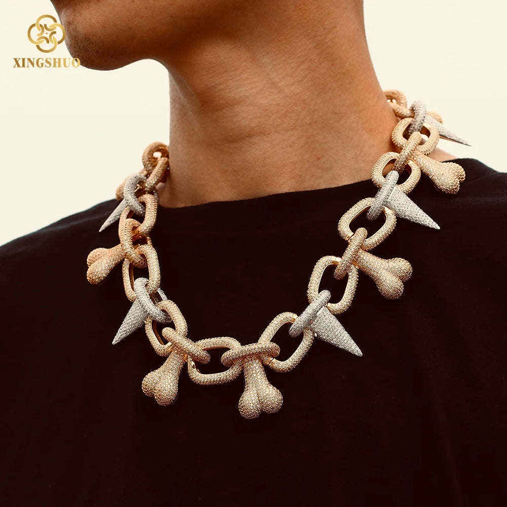 Xs Special Design Rapper's Jewelry 40mm Gold Plated Brass Full 5a Cz Iced Out Rivet Bone Cuban Link Chain for Men