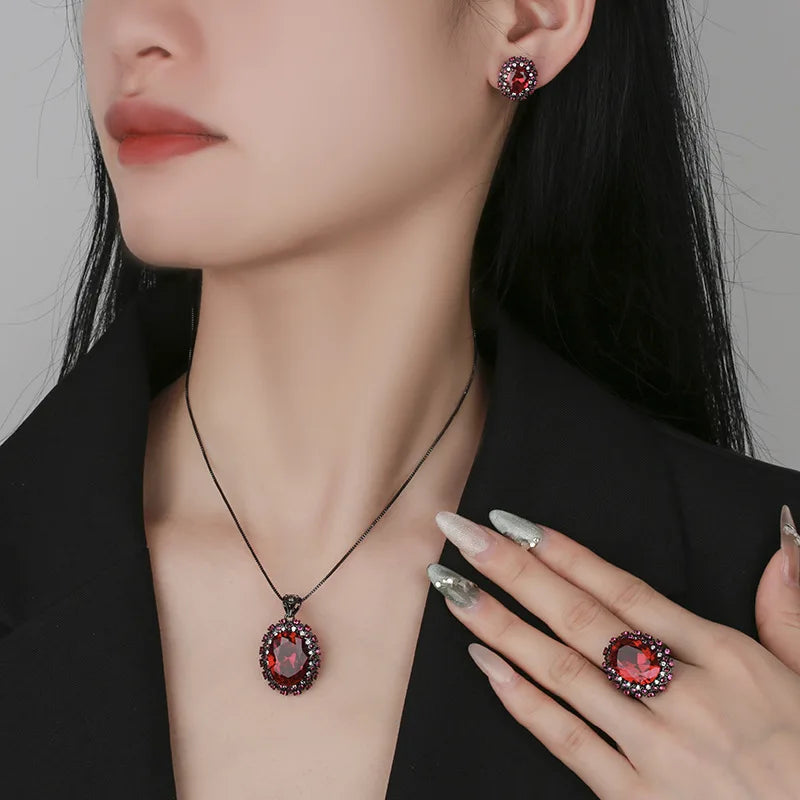 Gemfiori 2025 New Hot Selling Jewelry Red Egg Shaped Zircon Charm Retro Three Piece Set