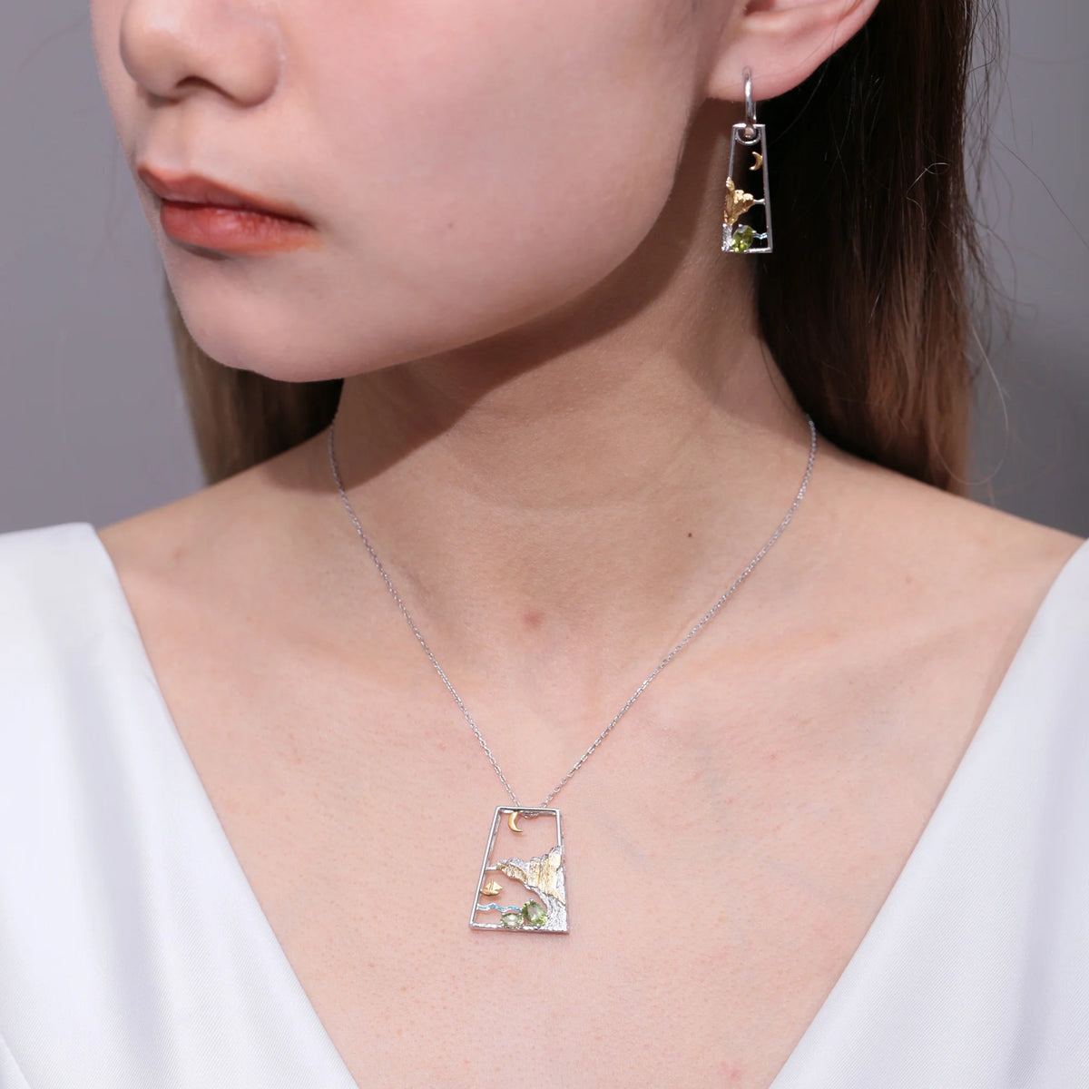 ArtistA C8208 Abiding High-end Silver 925 Landscape Natural Gemstone Swiss Blue Topaz Amethyst Peridot Earrings Pendant Jewellery Set
