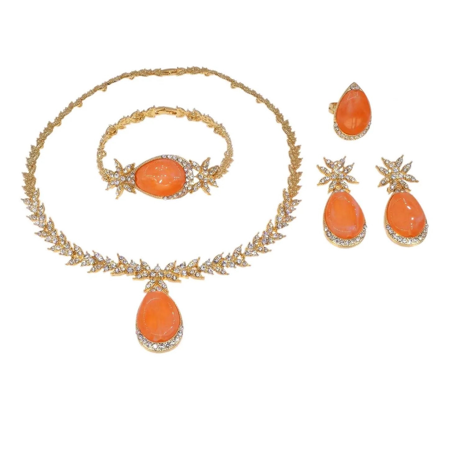 Zhuerrui Hot Selling Gold Jewelry Sets Silver Diamond Orange Drop Necklace Jewelry Set Simple Bridal Costume Pendant HC23229