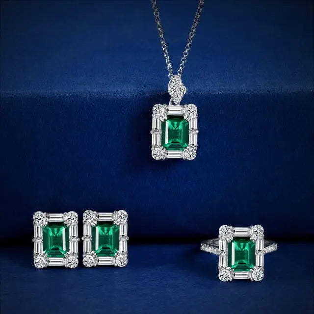 ArtistA S925 Sterling Silver Jewelry High Quality Rectangular Lab Grown Emerald Green Gemstone Rings Earring Necklace Jewelry Set