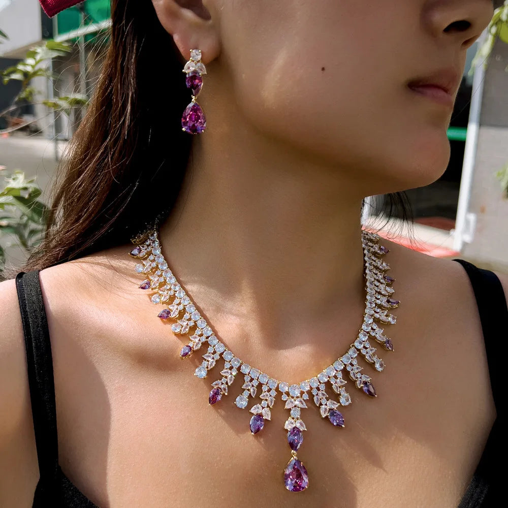 Luxury Pear-Cut Purple Zirconia Claw-Set Necklace & Earrings Bridal Set — Gold Plated