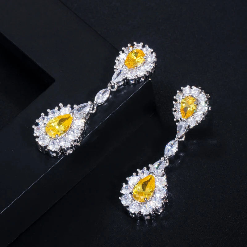 4 Piece Yellow Cubic Zirconia Wedding Luxury Saudi Arabia Dubai Bridal Jewelry Set for Women Costume Accessories