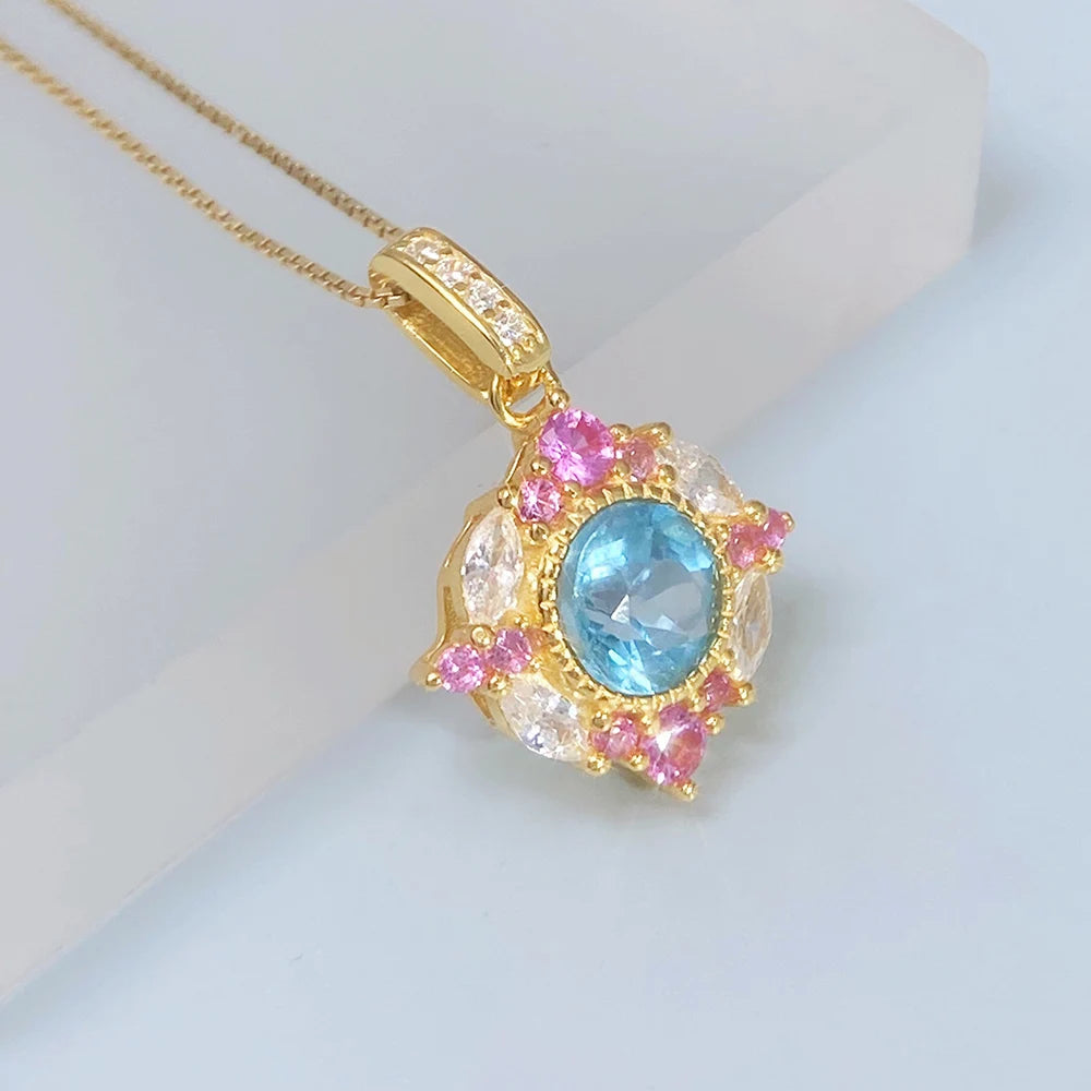 Gioiellieri 925 Sterling Silver Swiss Blue Topaz Pendant with Natural Gemstone for Women Wedding Party Wear High End Fine Jewelry Necklace